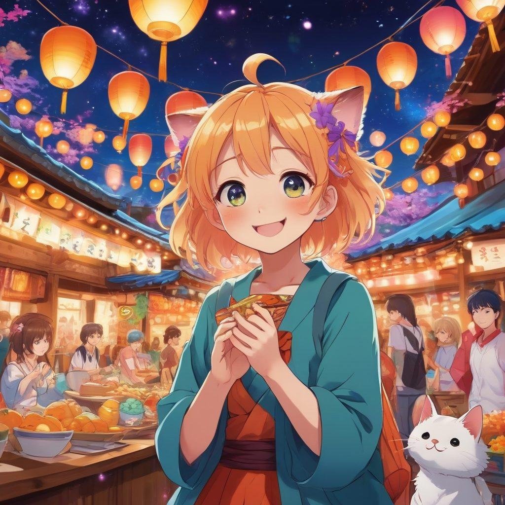 A vibrant scene featuring a diverse group of cheerful anime characters engaging in a lively festival setting, surrounded by colorful stalls with delicious food and playful decorations. The characters, including a bright-eyed girl with colorful hair, a playful cat spirit, and a heroic boy, are laughing and enjoying each other's company under floating lanterns. The atmosphere is filled with joy, warmth, and excitement, embodying the essence of happiness in anime. bright colors. cartoon style. festive background.