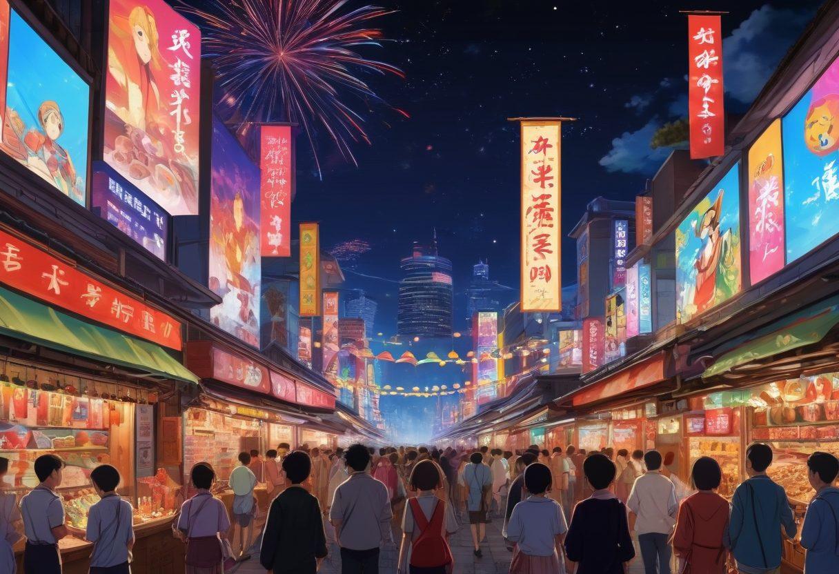 An energetic scene showcasing a vibrant anime festival with colorful banners and joyful fans cosplaying their favorite characters. Highlight various anime posters featuring beloved adaptations on walls, surrounded by food stalls offering traditional Japanese snacks. In the background, a large outdoor screen displays an exciting anime scene, with fireworks lighting up the night sky. Include energy, excitement, and a mix of cultural elements. colorful illustration. high contrast. lively atmosphere.