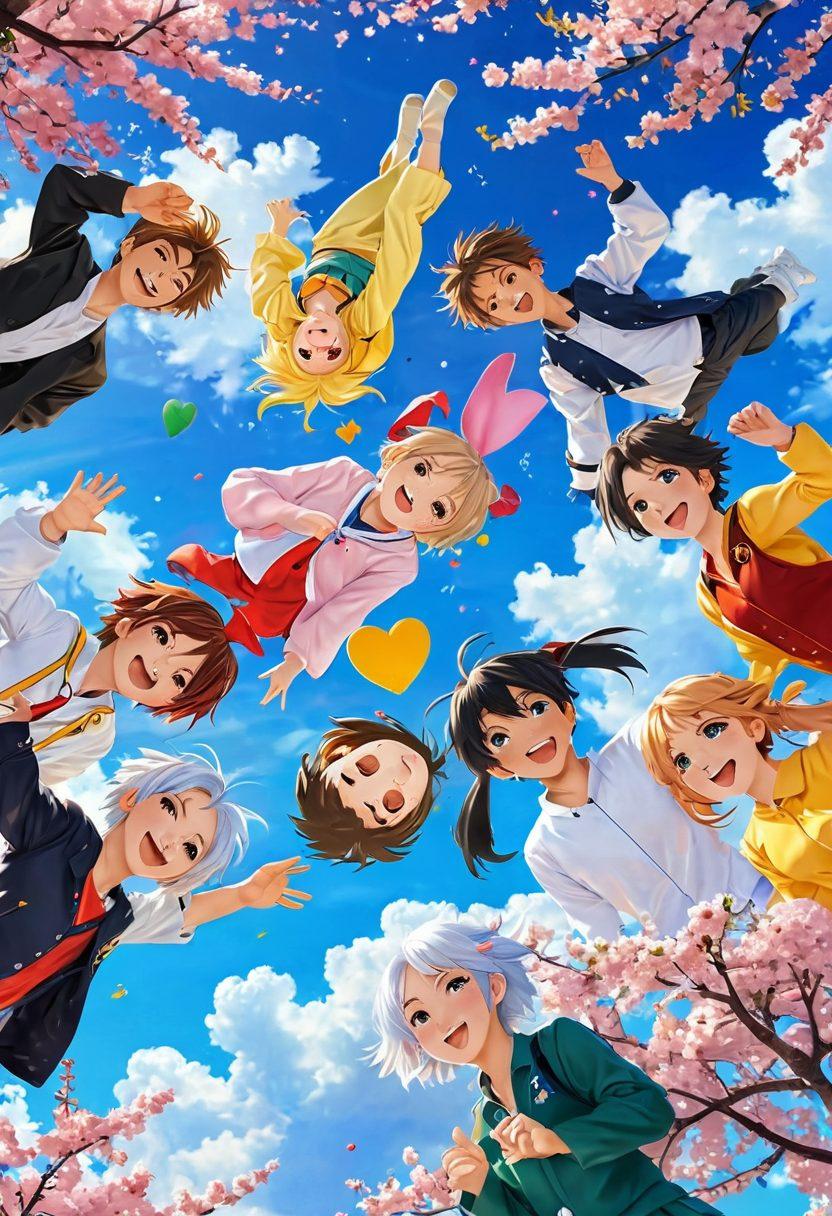 A vibrant collage of various iconic anime characters from different genres, each showcasing their unique expressions of joy and happiness. The background features a sunny sky with fluffy clouds, and colorful cherry blossoms gently falling around them. Include playful elements like stars and hearts to emphasize the uplifting theme. super-realistic. vibrant colors. dynamic composition.